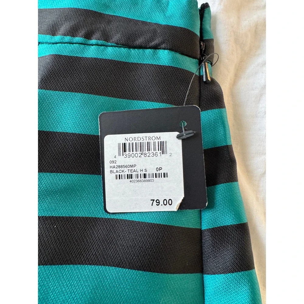 Halogen Teal Black Striped Pleated Midi Skirt Petite 0P NWT Nordstrom A-Line